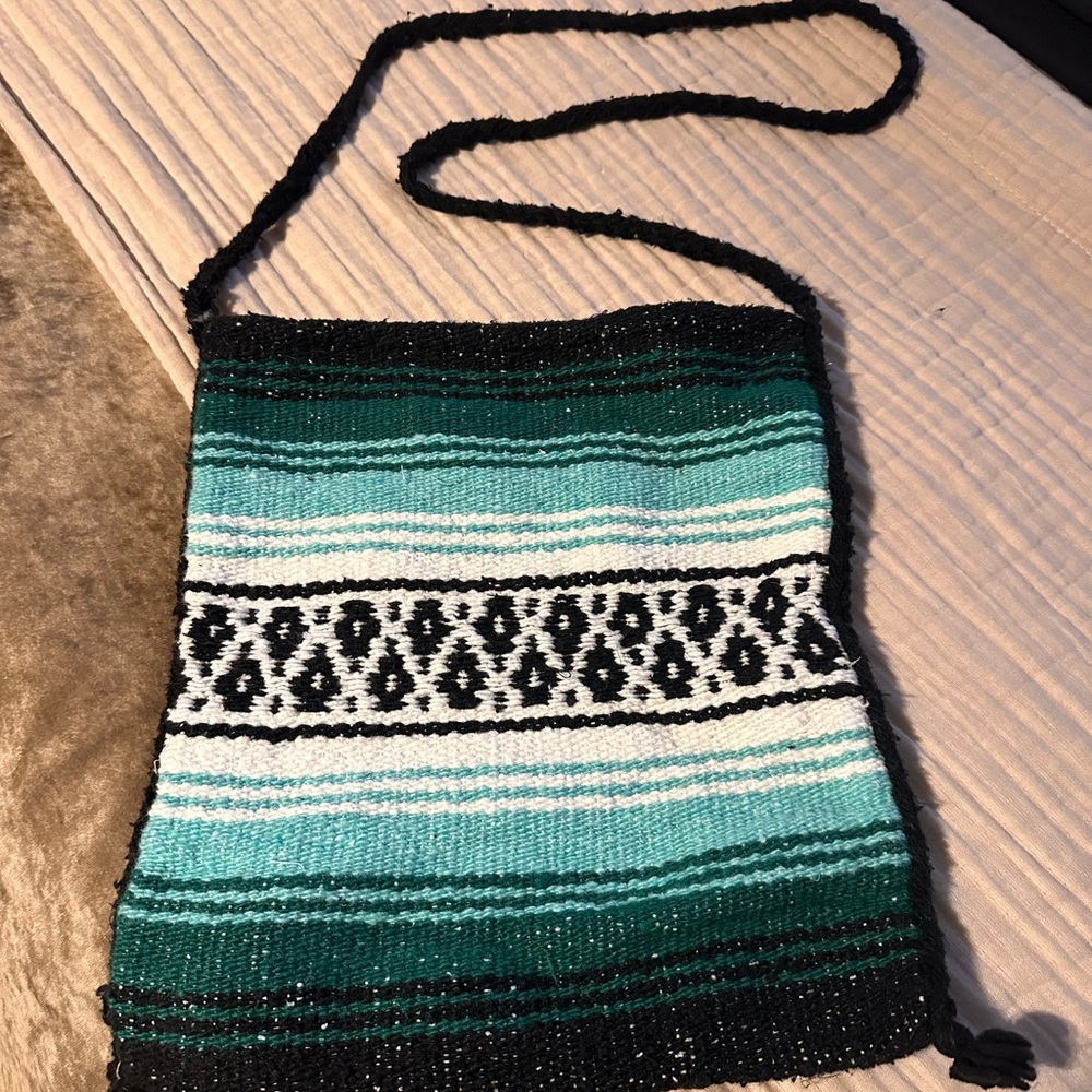 Mexican blanket bag, turquoise, white, & black..great for beach trip or purse.